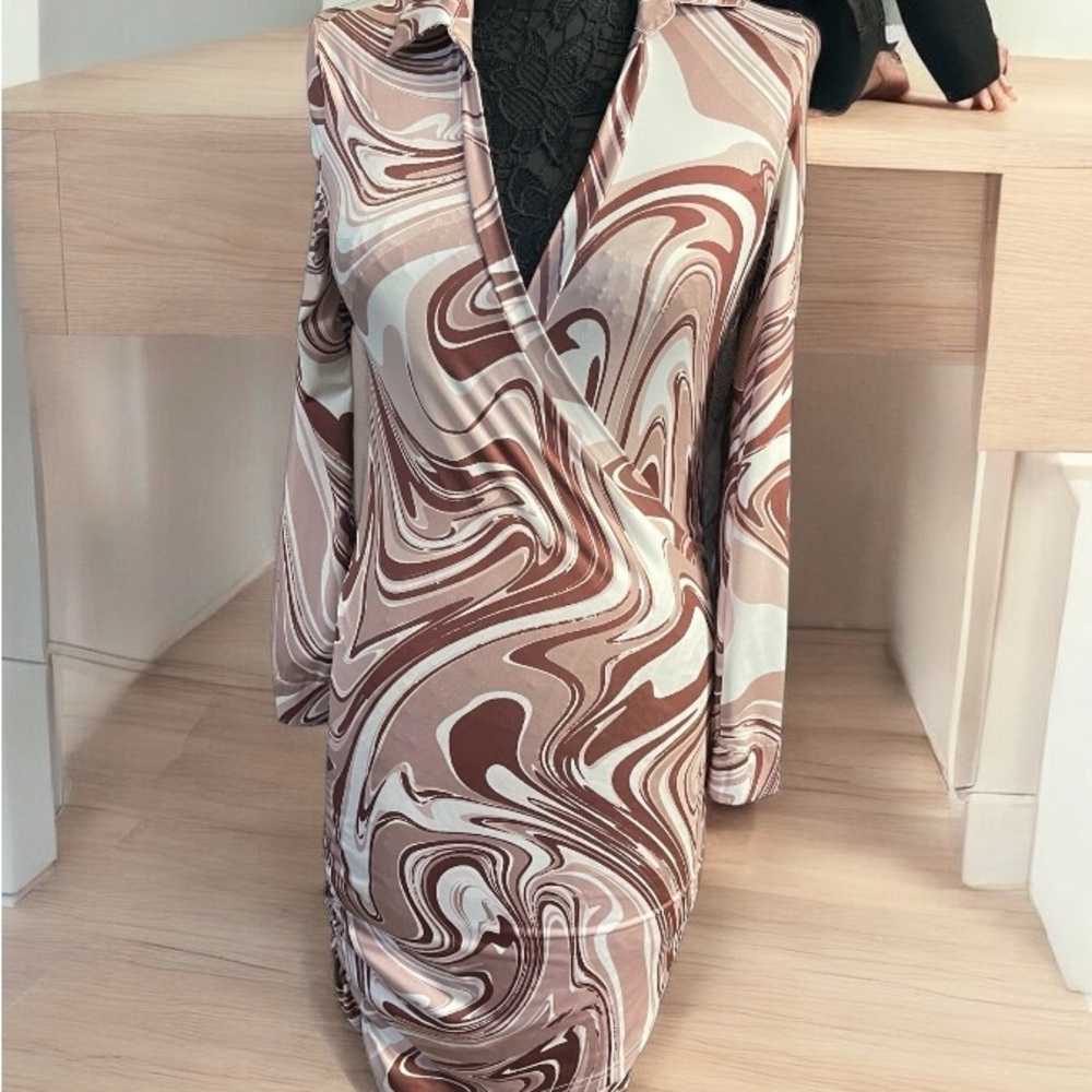 SHEIN Cream and Brown Bodycon Dress with Plunge Neckline